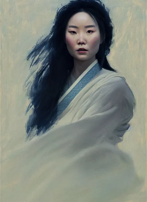 Prompt: portrait of Mulan in white cloth, countryside, fantasy character portrait, dynamic pose, above view, view from above, sunny day, thunder clouds in the sky, artwork by Jeremy Lipkin and Giuseppe Dangelico Pino and Michael Garmash and Rob Rey, very coherent symmetrical artwork, perfect face, simple form, 100mm