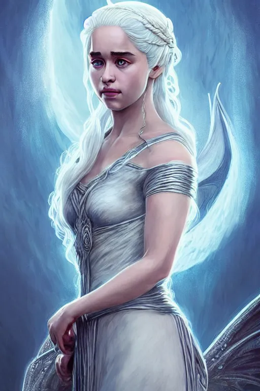 Image similar to beautiful, ethereal daenerys targaryen ( khaleesi ) portrait, intricate art deco dragon designs, elegant, highly detailed burning background, sharp focus, game of thrones art by artgerm and beeple and greg rutkowski and wlop