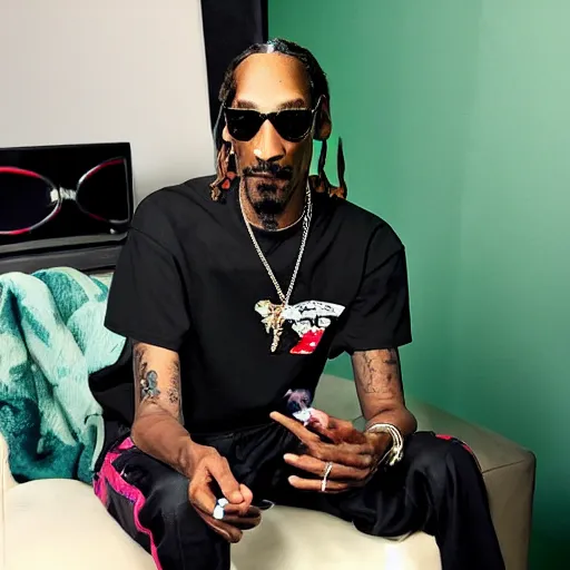 Prompt: Snoop Dogg is holding a joint that has green smoke coming out of it while he is sitting in a studio and doing a podcast.