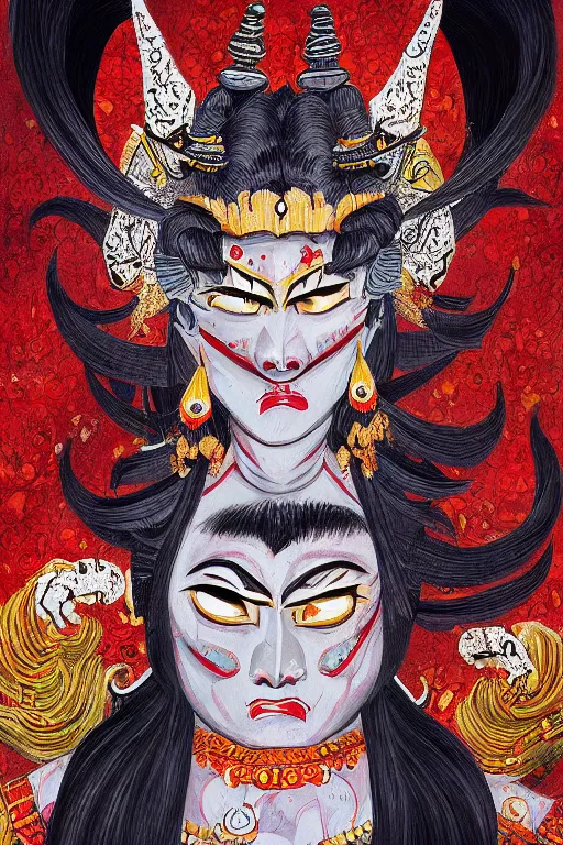 Image similar to beautiful Oni portrait, high detail, full body, mad painting