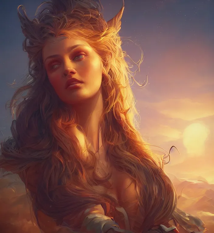 Image similar to centered waist up portrait photography an angel + bokeh + DOF + 8k, photorealistic + rendered in unreal engine + colors and composition by Peter Mohrbacher + line work by Dan Mumford , ultra realistic + backlit + strong rimlight, sunset + HDRI, HD, Photoreal