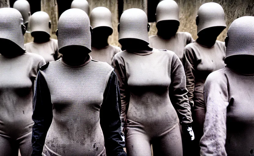 Image similar to cinestill 5 0 d photographic portrait by helen levitt of a group of android women wearing rugged black mesh techwear in a cement maze, extreme closeup, modern cyberpunk, minimalism, dust storm, 8 k, hd, high resolution, 3 5 mm, f / 3 2, ultra realistic faces, intricate detail, ex machina