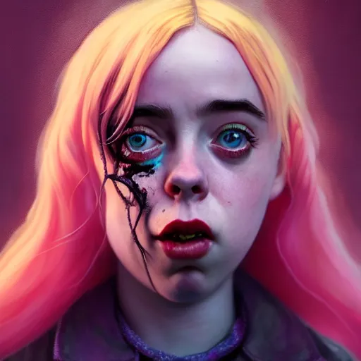 Prompt: an eldrich horror comic book style portrait painting of billie eilish as princess leah, character design by mark ryden and pixar and hayao miyazaki, unreal 5, daz, hyperrealistic, octane render, cosplay, dynamic lighting, intricate detail, harvest fall vibrancy, cinematic