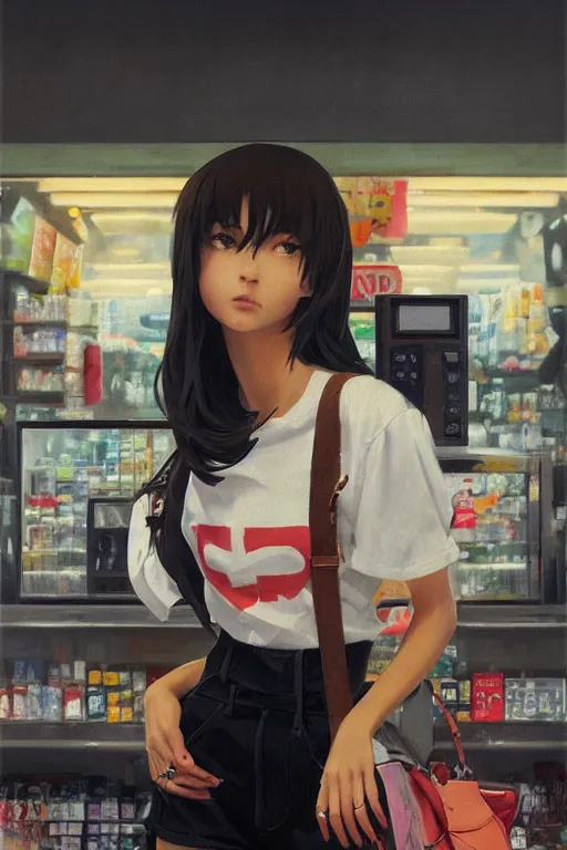 Image similar to A ultradetailed beautiful panting of a stylish girl wearing streetwear in a convenience store, Oil painting, by Ilya Kuvshinov, Greg Rutkowski and Makoto Shinkai