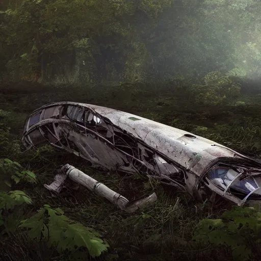 Image similar to a flying vessel wreckage lying down in a thick forest, vines growing on top, 8 k, hyper realism, artstations, concept art, cinematic