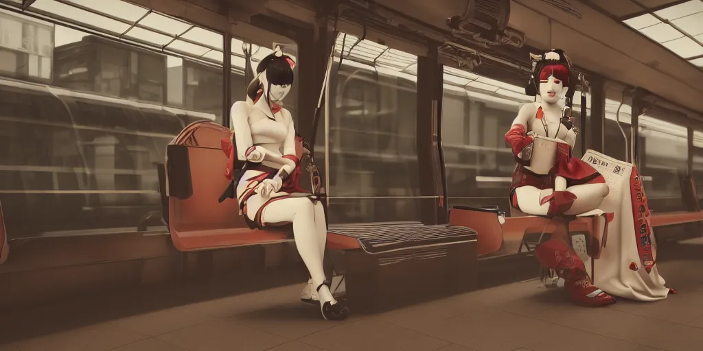 Image similar to photo of geisha cyborg is waiting in train station, 1970's, leica, lomo, soft light, morning light, photorealistic, details, octane render, cryengine, 8k, cinematic shot