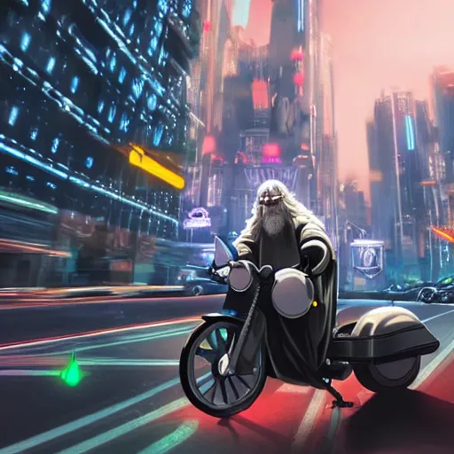 Prompt: gandalf the white riding a motorcycle down the street in a futuristic city with neon lights