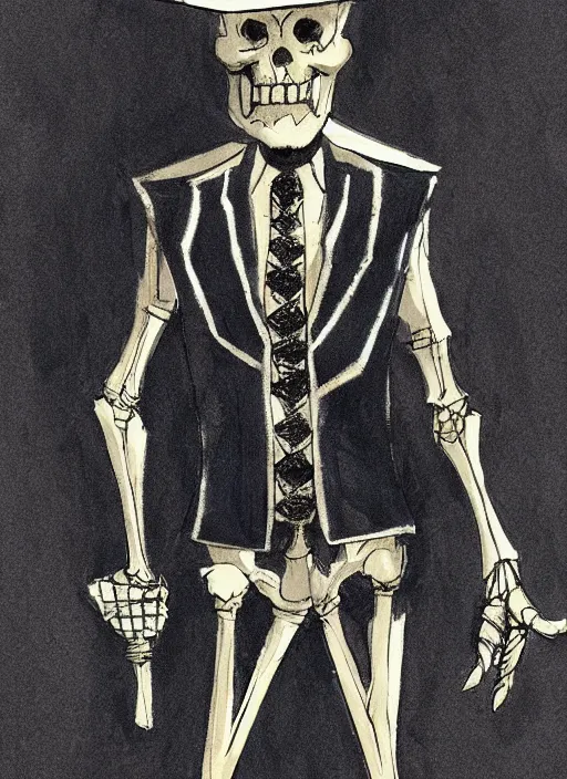 Image similar to DND character concept, skeletal male figure, wearing a deep black suit!!! and tie and top hat, holding a gold! cane!. Surrounded by light blue!!! flames!!