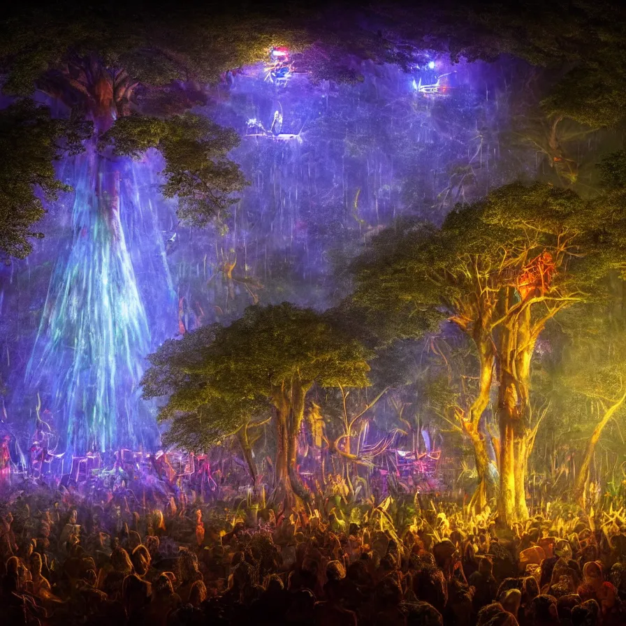 Image similar to closeup of a night carnival inside a tree cavity in a magical forest in the middle of a summer storm, with a music scenario with many fireworks and christmas lights, volumetric lightning, instense god rays in the sky, folklore people disguised with fantastic creatures in a magical forest by summer night, masterpiece painted by greg rutkowski, scene by dark night environment, refraction lights,