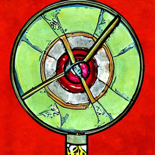 Prompt: a bloody spiritual ritual spell with a bumblebee at the middle of a bullseye of salt, art nouveau