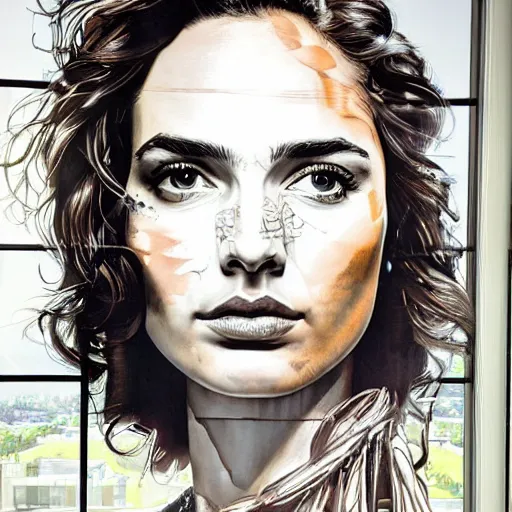 Image similar to by sandra chevrier chestnut, slate grey hyperdetailed. a installation art of a beautiful gal gadot seated at a window, looking out at the viewer with a serene expression on her face. the light from the window illuminates her features & creates a warm, inviting atmosphere. the essence of beauty & tranquility.