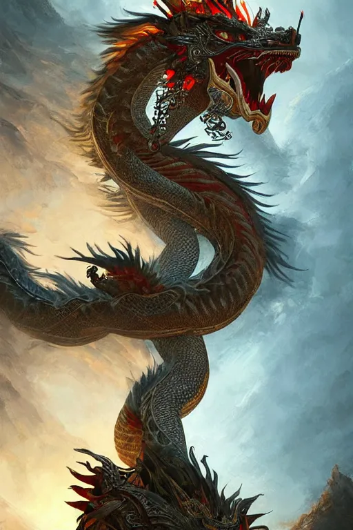 Image similar to chinese dragon god, close - up portrait, powerfull, intricate, elegant, volumetric lighting, scenery, digital painting, highly detailed, artstation, sharp focus, illustration, concept art, ruan jia, steve mccurry