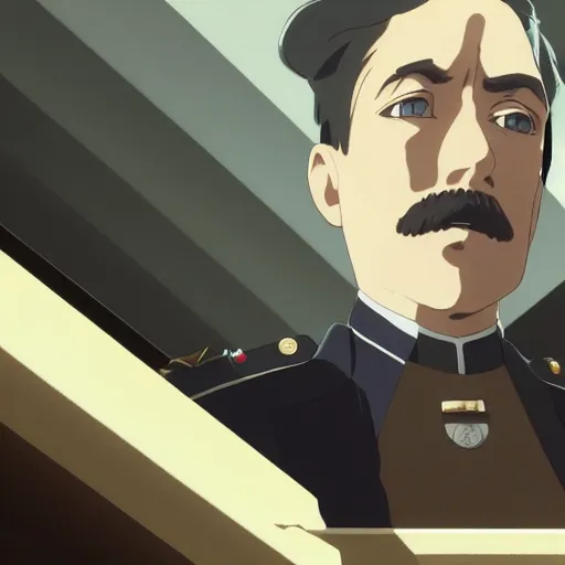 Image similar to a film still portrait of hitler, medium shot, finely detailed features, cinematic lighting, anime key visual, trending on pixiv fanbox, painted by makoto shinkai, studio ghibli, greg rutkowski, wlop