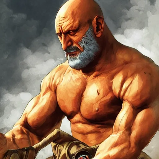 Prompt: mike ehrmantraut as sagat street fighter, 4 k, ultra realistic, detailed focused art by artgerm and greg rutkowski and alphonse mucha