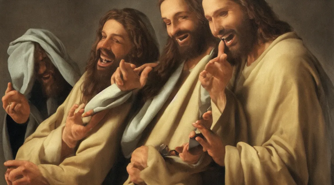 Image similar to portrait of one jesus laughin because see a meme in him cellphone, no letters