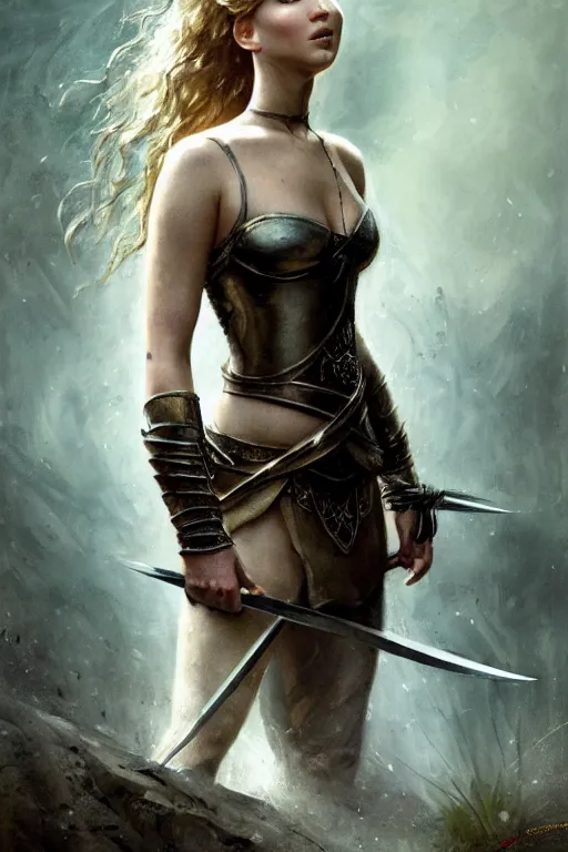 Image similar to jennifer lawrence, legendary warrior, heroic fighter, lord of the rings, tattoos, decorative ornaments, battle armor, omar ortiz, carl spitzweg, ismail inceoglu, vdragan bibin, hans thoma, greg rutkowski, alexandros pyromallis, perfect face, sharply detailed, centered, rule of thirds, realistic shading, photorealism