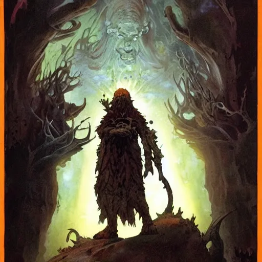 Image similar to a druid at the beginning of the world by alan lee and peter mohrbacher and frank frazetta and mike mignola