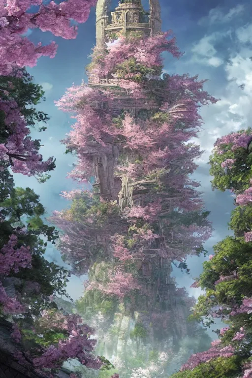 Image similar to hyperdetailed ancient wizard tower with sakura trees, cinematic highly detailed artstation hyperstylized illustrated by moebius and yoshitaka amano