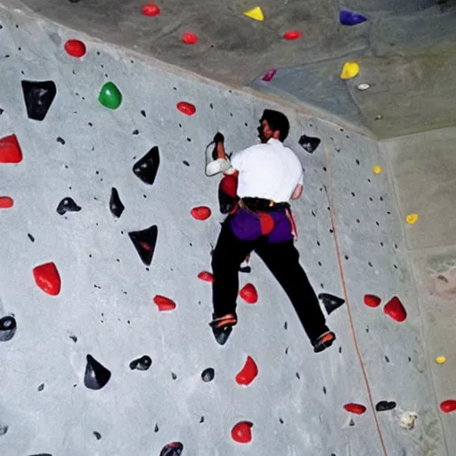 Image similar to obese saddam hoessein climbing wall, extreme sport