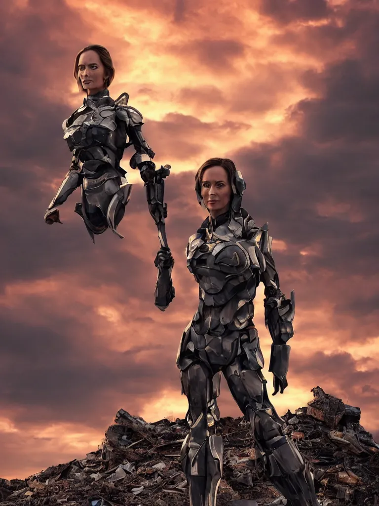 Image similar to emily blunt in futuristic power armor, by herself, holding a sword, standing atop a pile of rubble, sunset and big clouds behind her