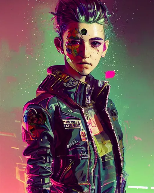 Prompt: detailed portrait Young Rebel Girl cyberpunk futuristic ((neon)) tattoes, yakuza, styled hair Reflective puffy sheen film jacket, decorated traditional ornaments by ismail inceoglu dragan bibin hans thoma greg rutkowski Alexandros Pyromallis Nekro James Jean illustrated Perfect face, fine details, realistic shaded, fine-face, pretty face