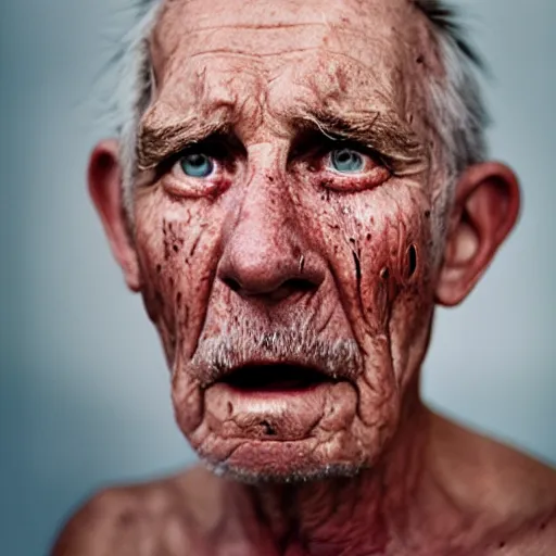 Image similar to a photographic portrait of a rugged elderly man with tears running down face by Martin Schoeller