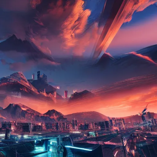 Image similar to beautiful sunset over detailed cyberpunk suburb in a valley surrounded by epic mountains with snowtops, sharp, highly detailed, hyperrealistic, 4 k, - i