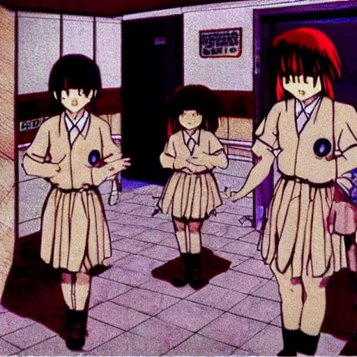 Image similar to screenshot from guro anime, 8 0's horror anime, yellowed grainy vhs footage with noise, four schoolgirls trapped in a bathroom, bathroom stalls and sinks and tiled floor, girls are in beige sailor school uniforms, one girl has white hair, detailed expressive faces, various hair colors and styles, in the style of studio ghibli,