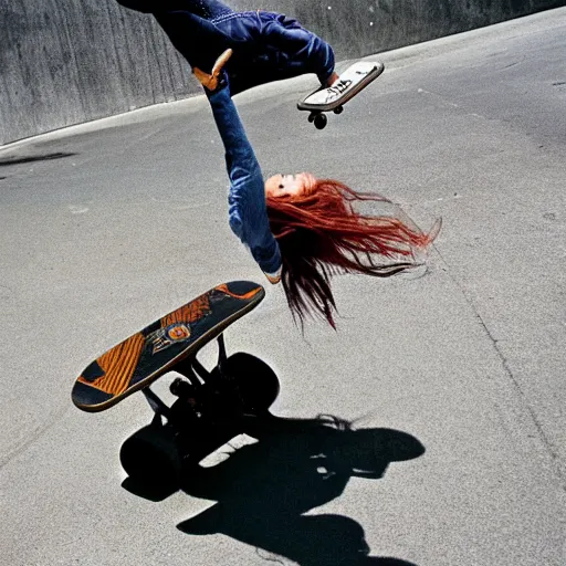 Image similar to tori amos pulls an amazing kick flip on her skateboard in san francisco, stunning sports photography