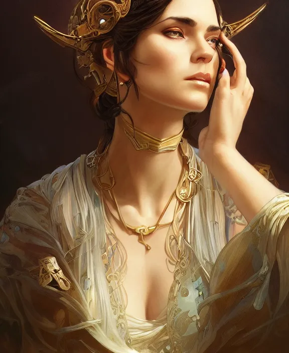 Image similar to portrait close up of woman, concentrated look, symmetry, d & d, fantasy, intricate, elegant, highly detailed, digital painting, artstation, concept art, art by artgerm and greg rutkowski and alphonse mucha, boris vallejo