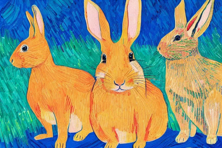 Image similar to beautiful art illustration of a group of rabbits by laurel burch and van gogh, highly detailed