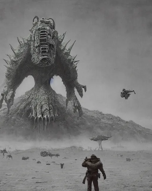 Image similar to cowboys vs kaiju, vintage old, sepia, retrofuturism sci - fi old movie, highly detailed, photorealistic, 8 k, by beksinski and stalenhag