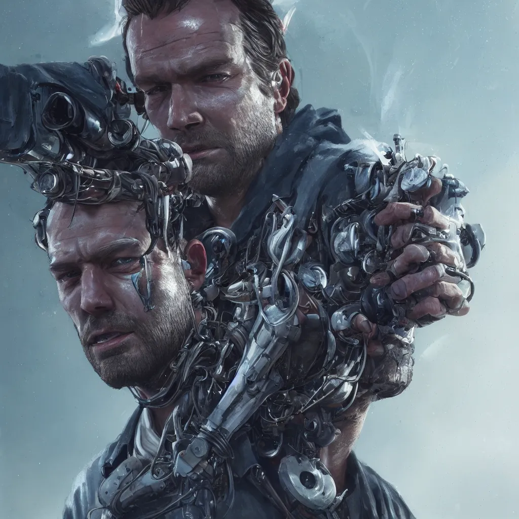 Image similar to a single close-up portrait of Arthur Morgan from Red Dead Redemption as a cyborg, barely human and largely biomechanical machine, hyper-realistic cyberpunk style, Peter Mohrbacher Takayuki Takeya moody, face by Yanjun Cheng, Irakli Nadar, dramatic cinematic lighting rendered by octane, 8k, detailed, intricate, clean and textures, trending on artstation, deviantart google images, pinterest