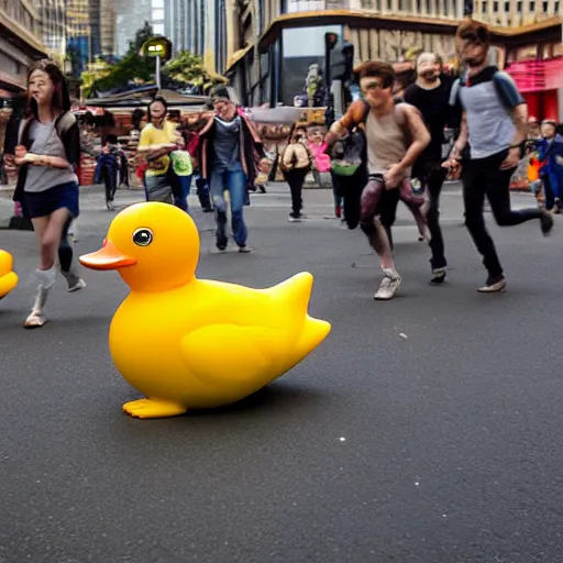 Prompt: rubber duck zombies chasing terrified people, photography