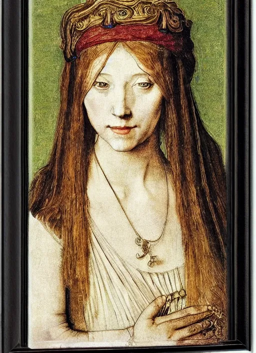 Prompt: portrait of young woman in renaissance dress and renaissance headdress, art by albrecht durer