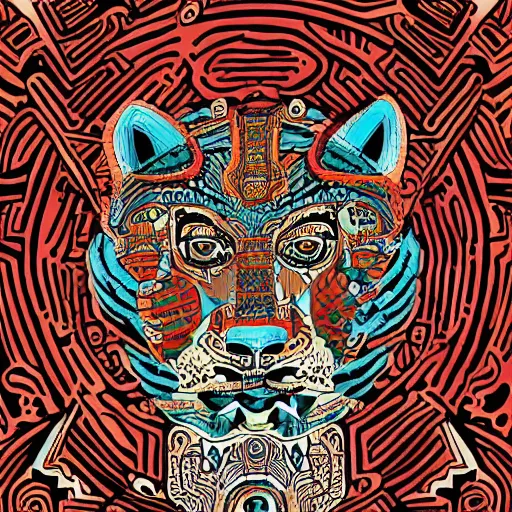 Prompt: illustration of mayan jaguar warrior, sullen, showing irritation or ill humor by a gloomy silence or reserve. in colors # 1 1 3 4 a 6, # 7 3 c 2 fb, # 6 6 9 3 fs, # 9 8 fb 9 8, # 0 1 7 9 6 f, by studio multi and victo ngai, malika favre