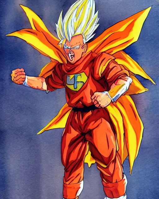 Prompt: a watercolor painting full body character portrait of a super saiyan superhero in the style of jean giraud in the style of moebius trending on artstation deviantart pinterest detailed realistic hd 8 k high resolution