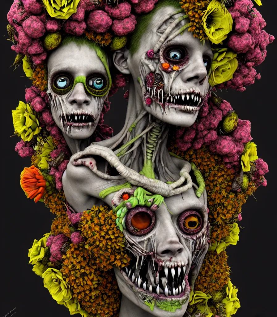 Prompt: portrait of a punk rock teenage zombie alien made out of flowers, fruit and insects in the style of arcimboldo and hieronymous bosch, baroque, surreal, high quality octane render, artstation, cartoonish, highly detailed