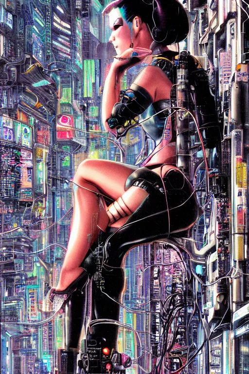 Image similar to a detailed airbrush cyberpunk illustration of a female android seated on the floor in a tech labor, seen from the side with her body open showing cables and wires coming out, by masamune shirow, hajime sorayama, boris vallejo and katsuhiro otomo, japan, 1980s, dark, colorful