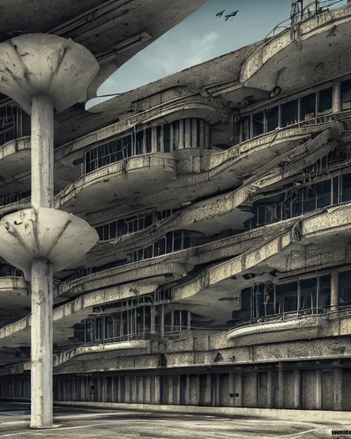 Image similar to a beautiful very detailed highly detailed parking garage urbex unfinished building by diebedo francis kere, alien poppy myst dieselpunk architecture island sci - fi at spring sea, archdaily, wallpaper, highly detailed, trending on artstation.