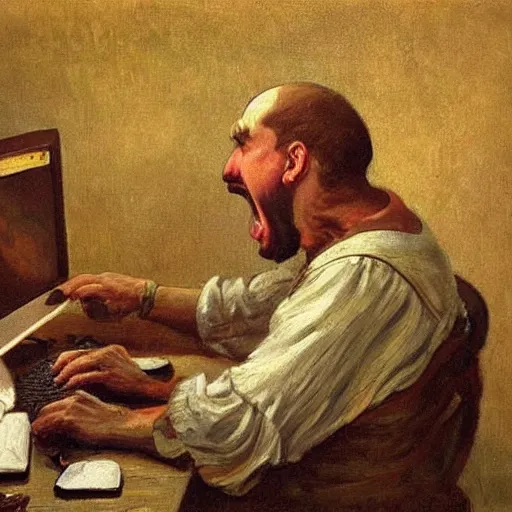 Image similar to an angry man screams at his computer monitor, oil on canvas, 1 8 8 3, highly detailed