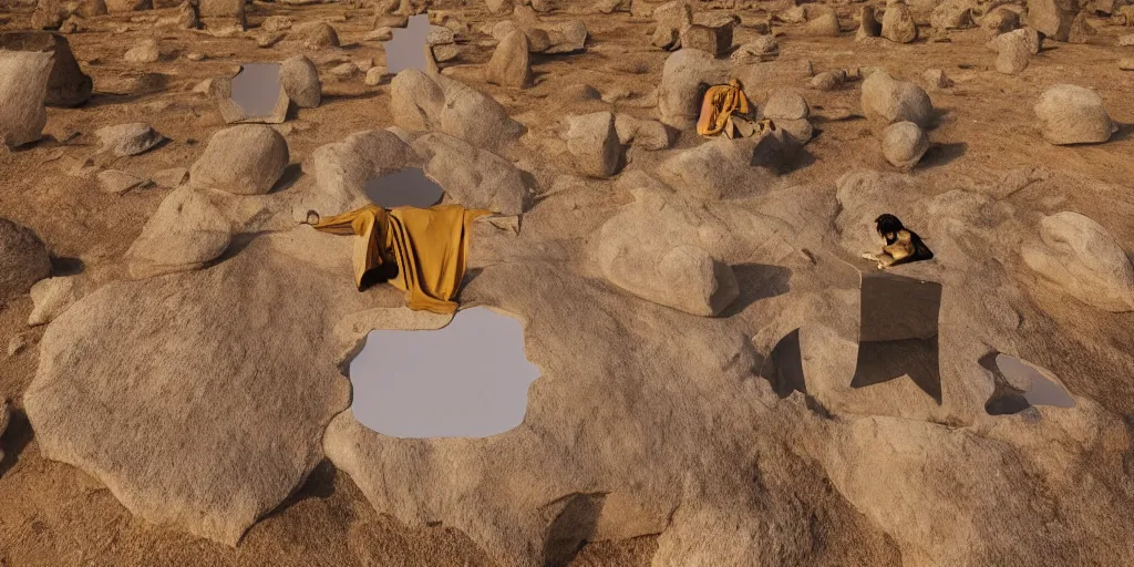 Prompt: levitating ghost grey silhouette with full - face golden mask in a dry rocky desert landscape, visible sky and sunny atmosphere, floating stones, flying stones, fata morgana and giant square mirrors by alejandro jodorowsky, anamorphic lens, kodakchrome, practical effects, masterpiece, 8 k