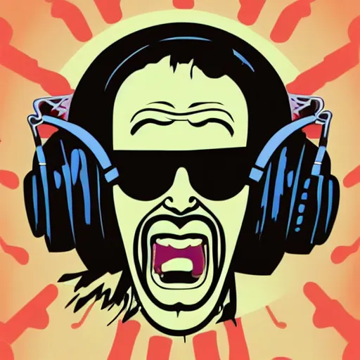 Image similar to svg vector sticker of absolutely insane-mad-scientist-villain, rocking out, wearing headphones, huge speakers, dancing, rave, DJ, spinning records, digital art, amazing composition, rule-of-thirds, award-winning, trending on artstation, featured on deviantart