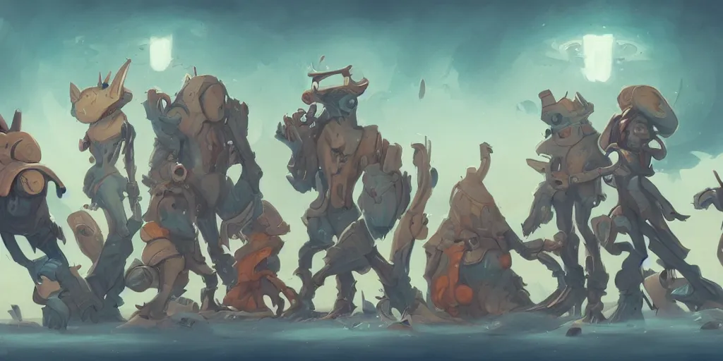Prompt: Character concept art of a group of quirky human outcast that are a crew on a small spaceship by Peter Mohrbacher and Marc Brunet