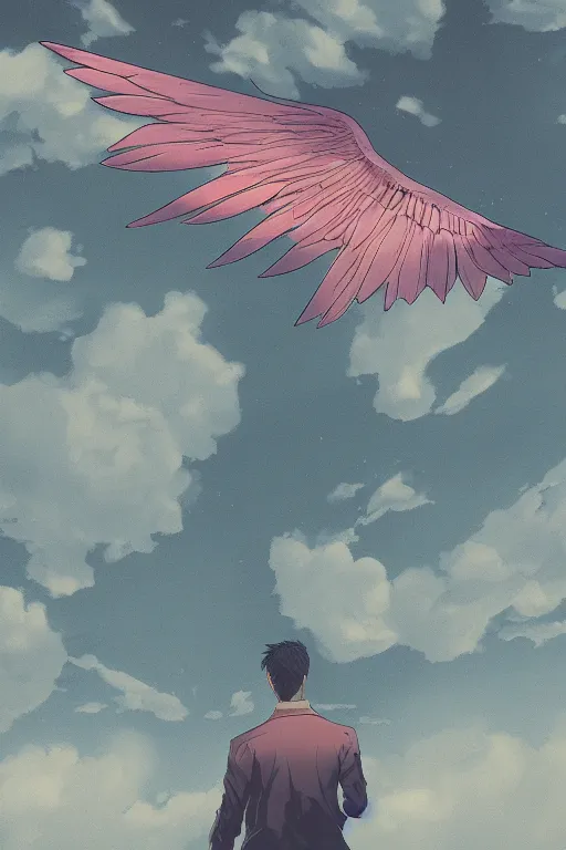 Image similar to concept art painting of a guy with wings flying over city, ground view, moody vibe, moody lighting, artgerm, moebius, inio asano, toon shading, cel shading, calm, tranquil, vaporwave colors,