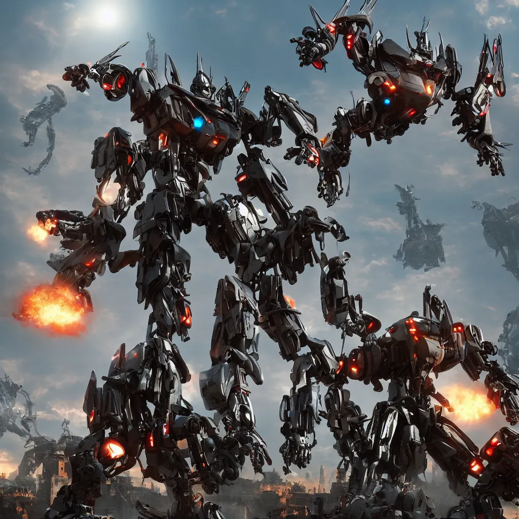 Image similar to transformers robot fighting with aliens near red fort, octane render, volumetric lighting, art by furio tedeschi, hyper detailed