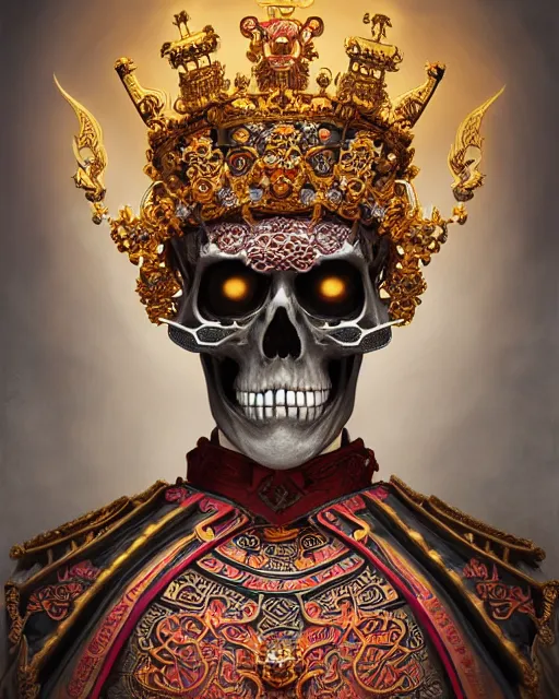 Image similar to portrait of skeleton emperor, glowing demonic energy crown, upper half portrait, decorated with chinese opera motifs, asian, bian lian, traditional chinese art, intricate, elegant, highly detailed, symmetry, digital painting, artstation, concept art, smooth, sharp focus, illustration, art by artgerm and greg rutkowski and alphonse mucha, 8 k