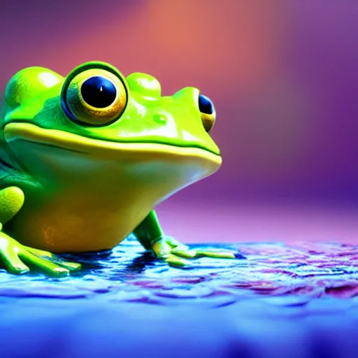 Prompt: frog cute character in water with water lily fireflies around, cute big eyes with details in body, bioluminescence, vegetation, water bubbles, flying shot, portrait, full shot, rim light, pixar, octane render,