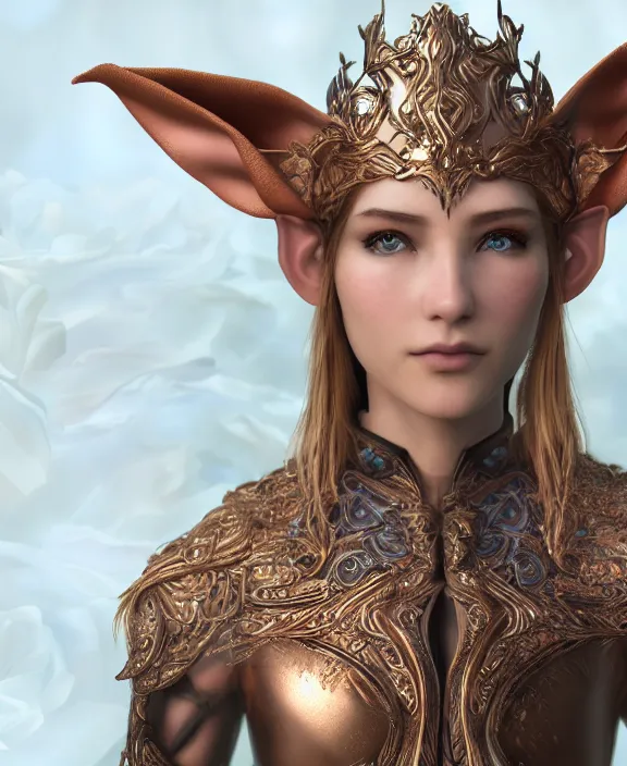 Image similar to a beautiful and highly detailed digital portrait of a regal elf with long blue windswept hair in a rose gold breastplate by artgerm, nina tryggvadottir, and lu ji, centered, artsation contest winner, cgsociety, fantasy art, cryengine, concept art, photorealism, daz 3 d, sketchfab, zbrush, vray