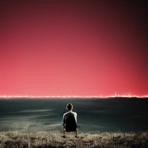 Image similar to a person watching the end of the world, red hue